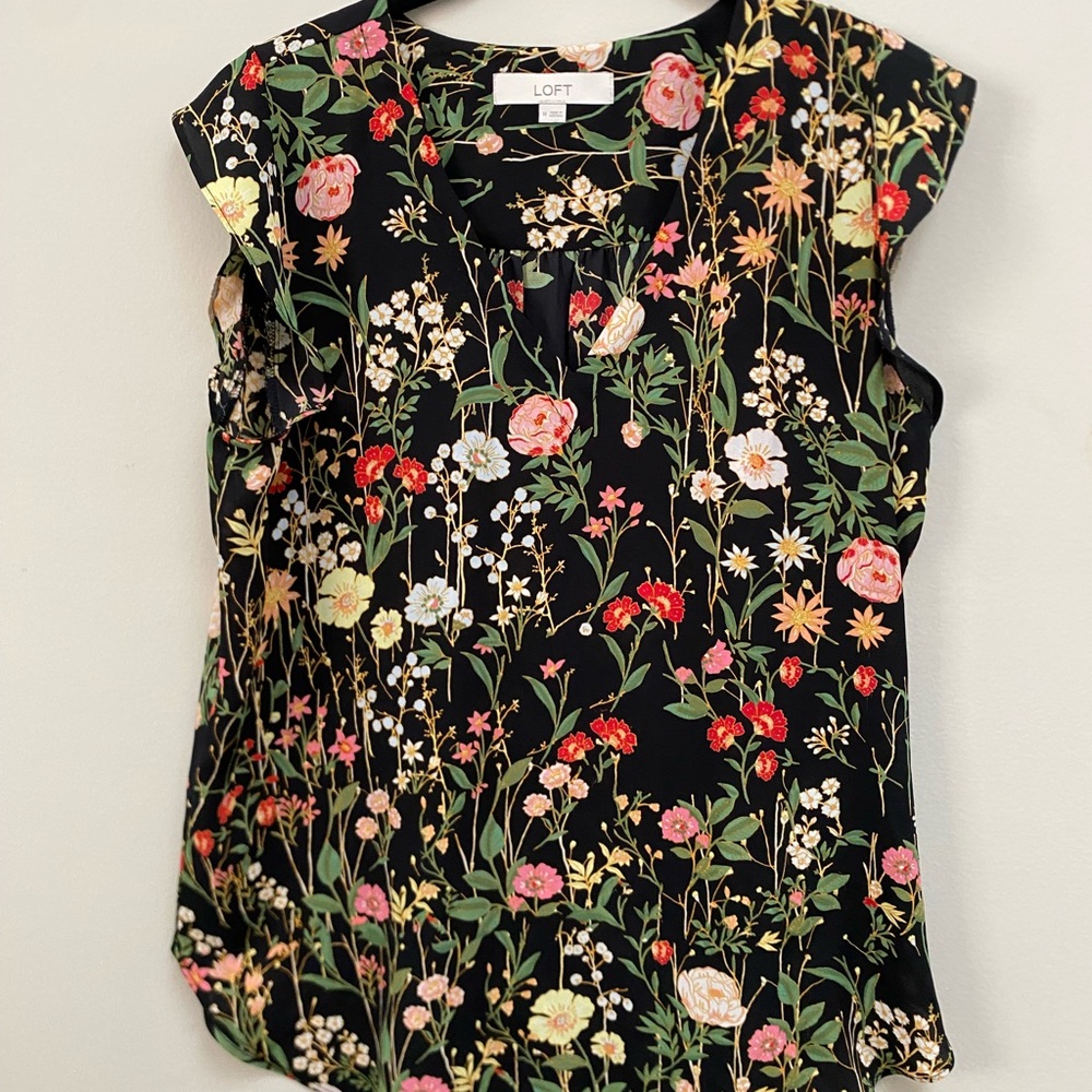 LOFT Black Floral Blouse with Multicolor Blooms- size Medium
